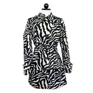 Dennis Basso Zebra Print Trench Coat Jacket Button Front Buckle Belt Size Medium